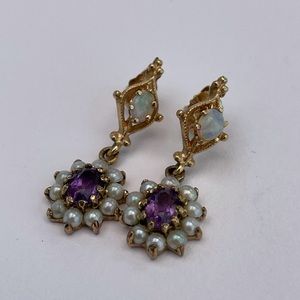Vintage 14k Opal Seed Pearl Amethyst Drop Earrings